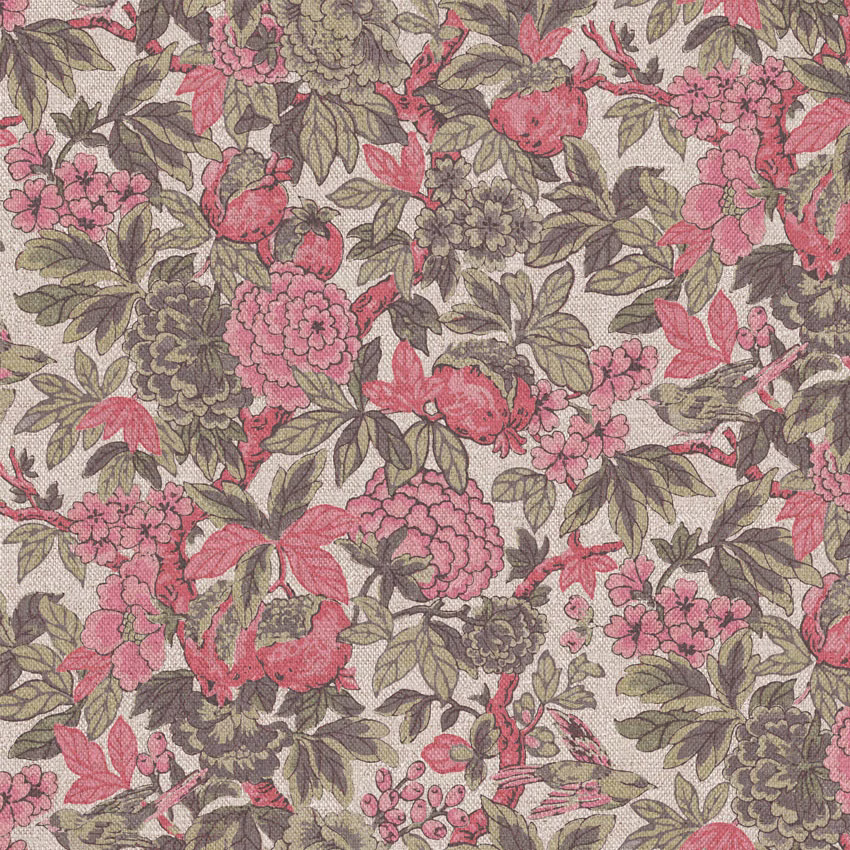 Dusty pink blooms and olive-grey leaves across a taupe floral textile ground