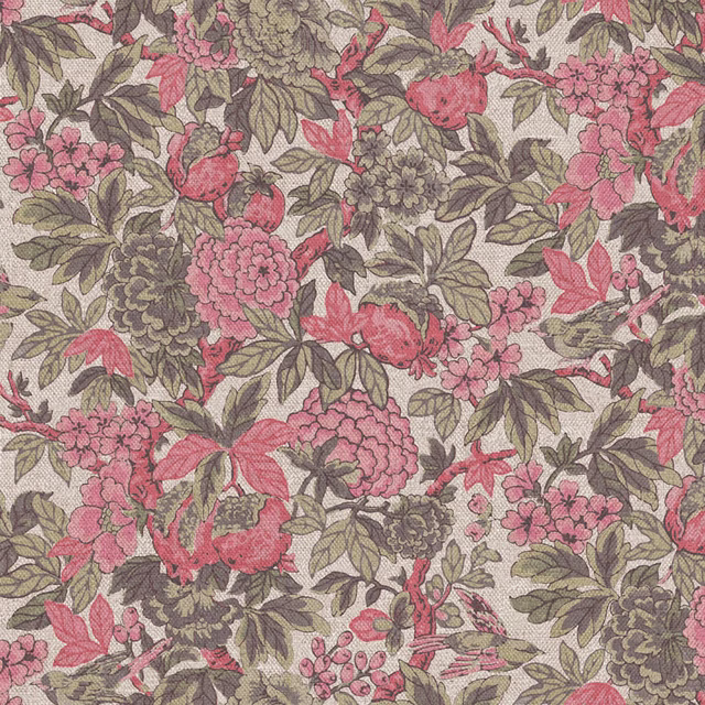Dusty pink blooms and olive-grey leaves across a taupe floral textile ground