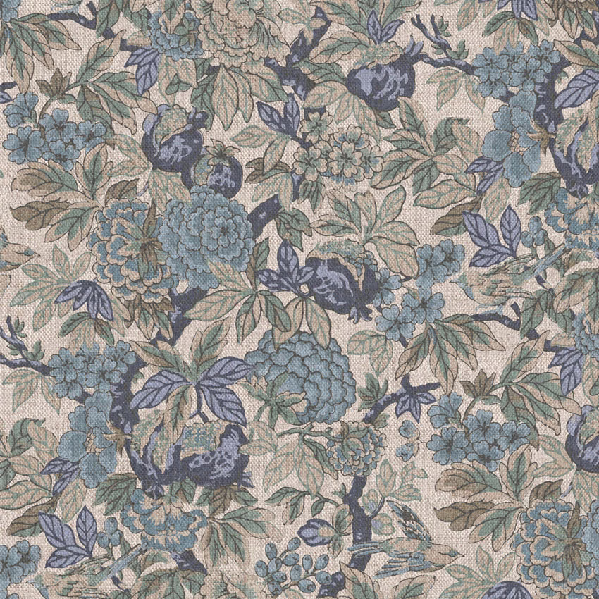 Muted blue floral fabric with sage leaves on a warm beige woven ground