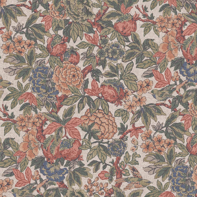 Warm cream floral textile with dusty coral blooms, blue flowers and olive leaves