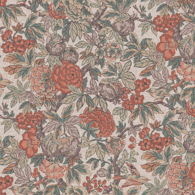 Muted coral, sage and taupe floral textile with a softly textured ground