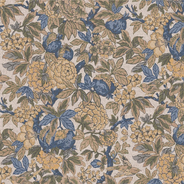 Muted blue, olive and ochre floral textile with cream ground and leafy stems