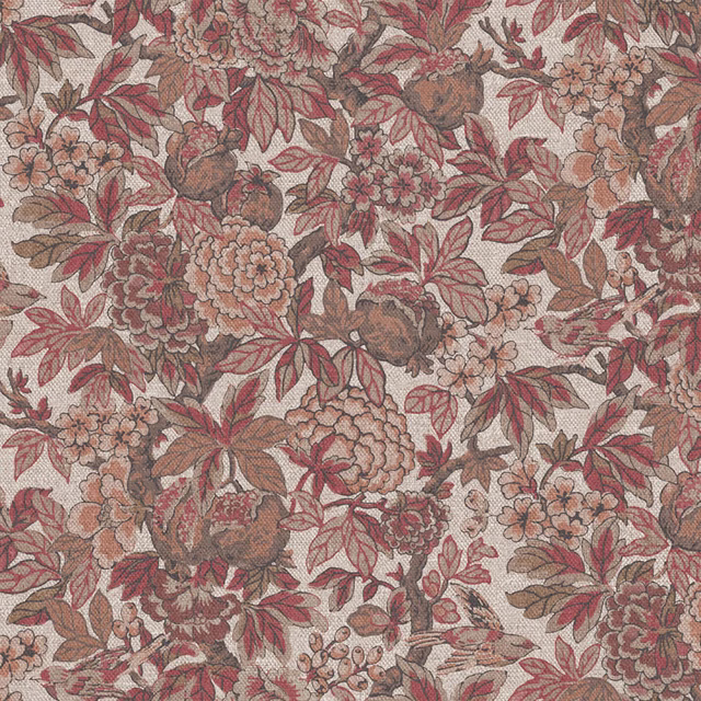 Muted burgundy and dusty rose florals with brown foliage on a taupe ground