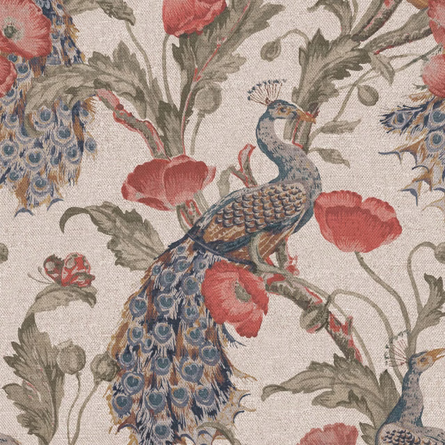 Ivory textile with a blue peacock, coral poppies, and sage foliage