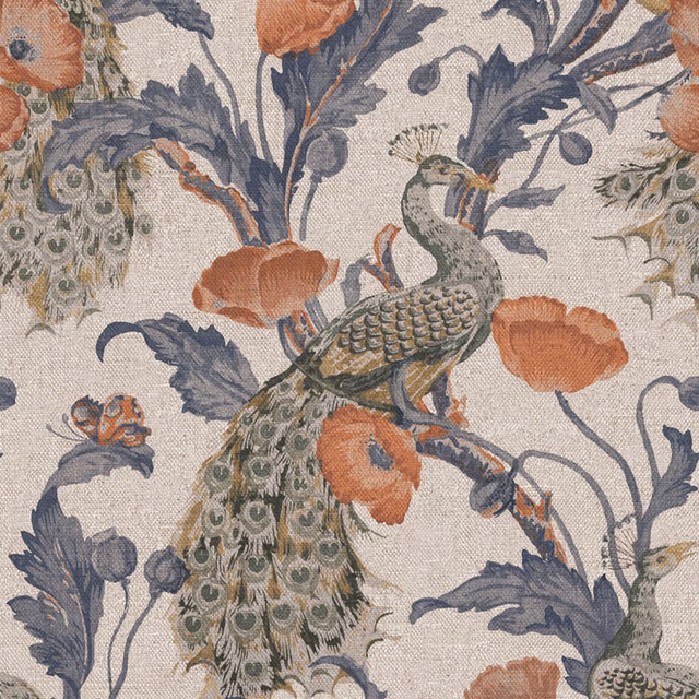 Ivory textile with rust poppies, slate foliage, and a detailed peacock