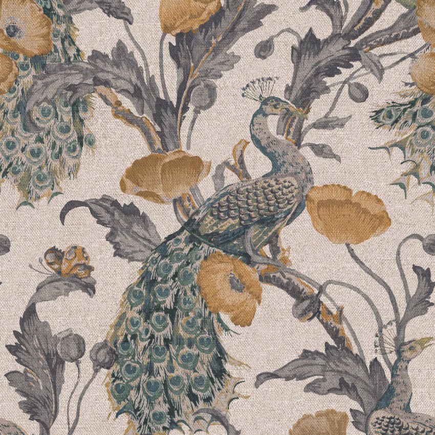 Cream woven fabric with teal peacock, charcoal foliage and ochre botanical motifs