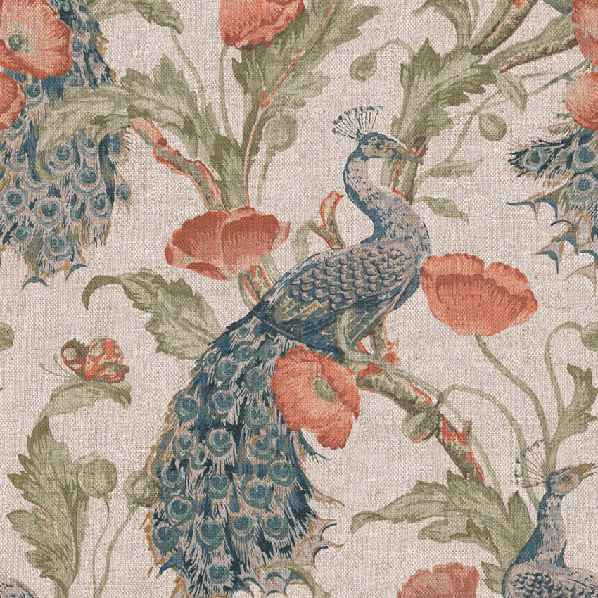 Peacock blue bird on warm ivory weave with coral blooms and sage foliage
