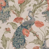 Peacock blue bird on warm ivory weave with coral blooms and sage foliage