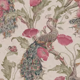 Cream woven ground with rose poppies and a teal, russet and green peacock