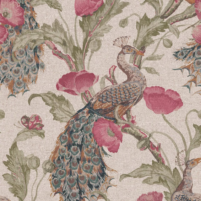 Cream woven ground with rose poppies and a teal, russet and green peacock