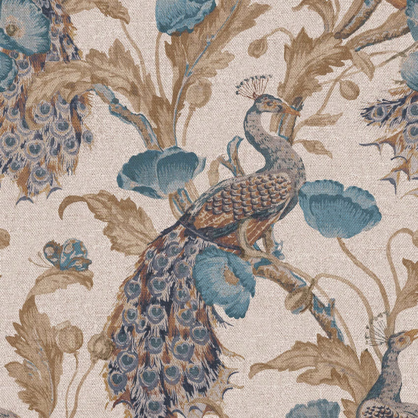 Cream textile with blue peacock, taupe foliage and detailed feather eyes