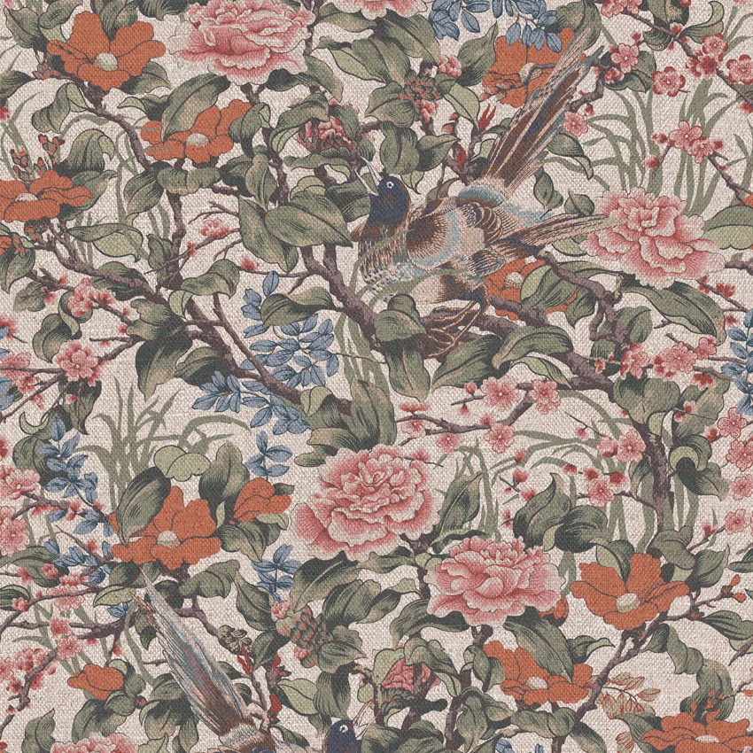 Woven ivory floral fabric with coral blooms, sage foliage, blue accents and perched birds