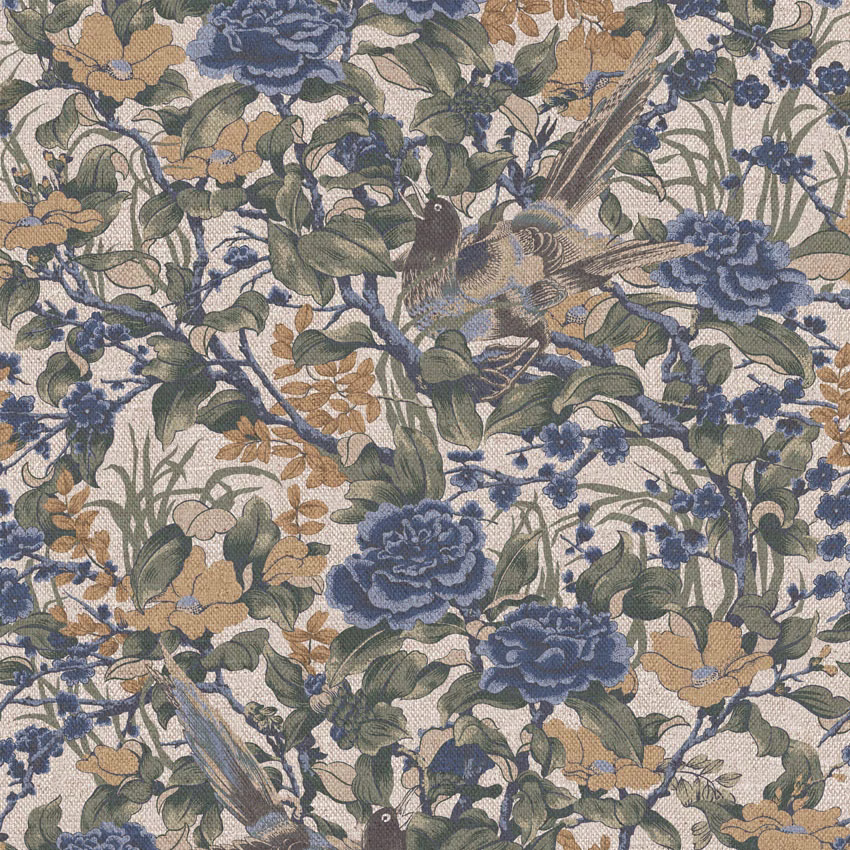 Woven beige botanical fabric with blue flowers, olive leaves, ochre blooms and birds