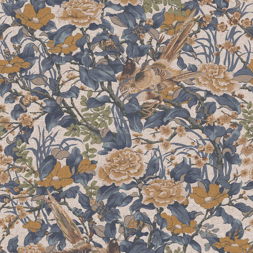 Blue-grey botanical textile with songbirds, cream flowers, ochre blooms and woven texture