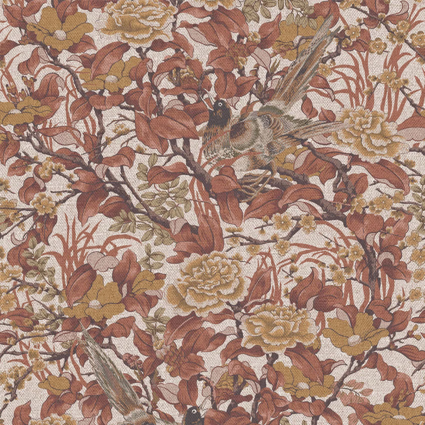 Warm cream floral textile with rust leaves, ochre blooms and perched pheasants