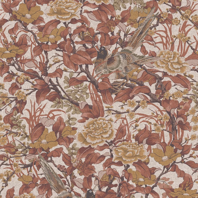 Warm cream floral textile with rust leaves, ochre blooms and perched pheasants