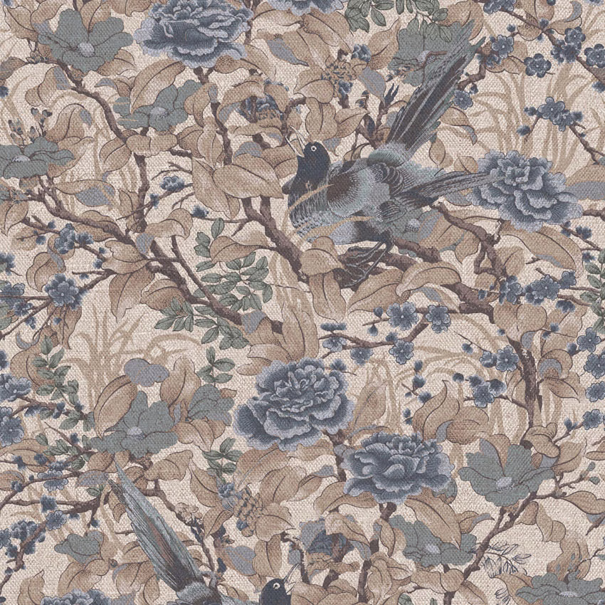 Taupe floral textile with dusty blue birds, roses, leaves and scrolling branches