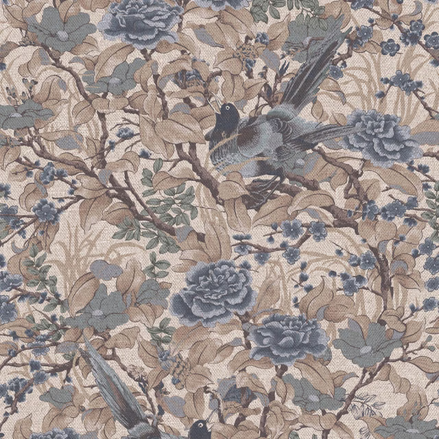 Taupe floral textile with dusty blue birds, roses, leaves and scrolling branches