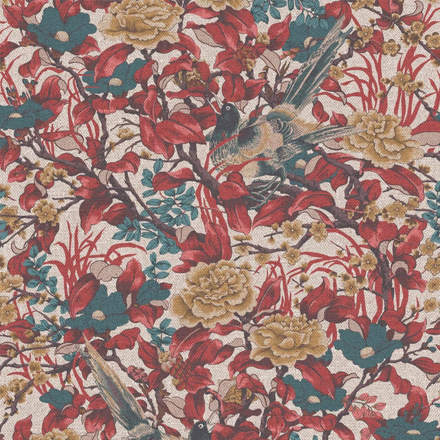 Cream fabric with red foliage, teal leaves, ochre flowers and perched birds