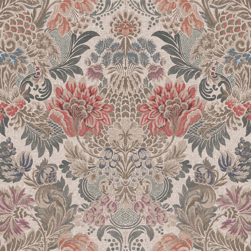 Cream damask with coral blooms, blue-grey foliage and fine woven texture