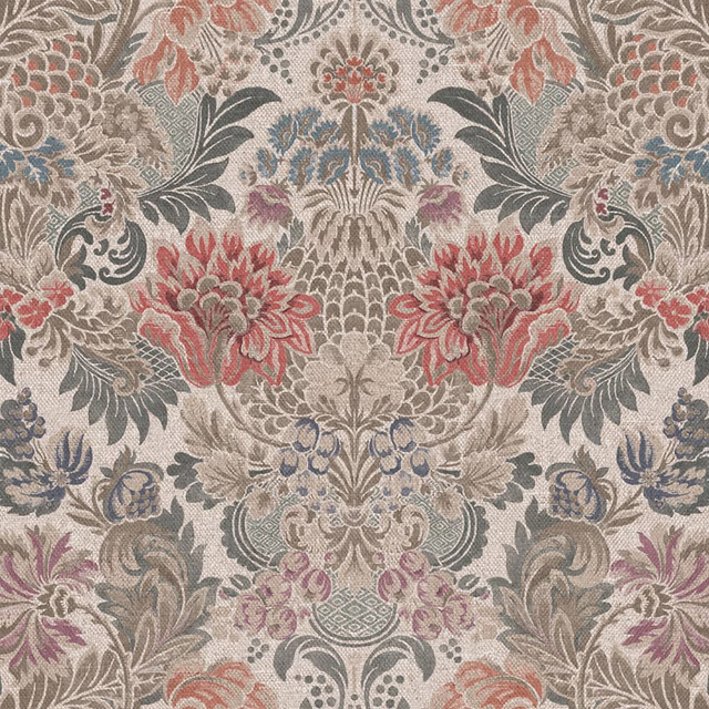 Cream damask with coral blooms, blue-grey foliage and fine woven texture