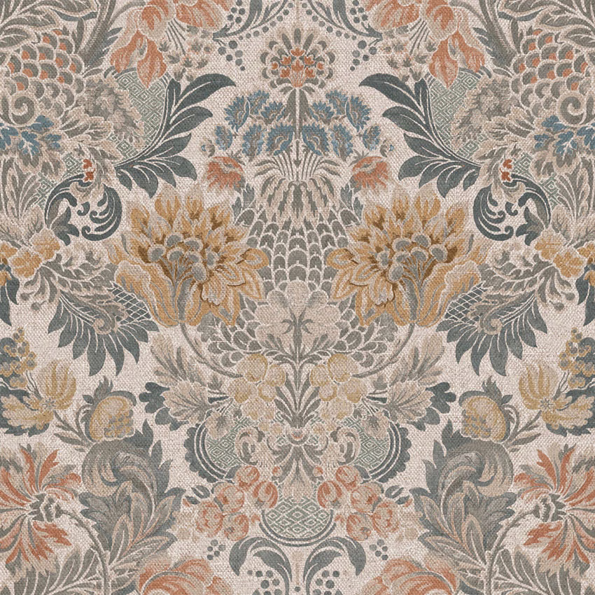 Slate, taupe and terracotta floral damask with a softly textured woven surface
