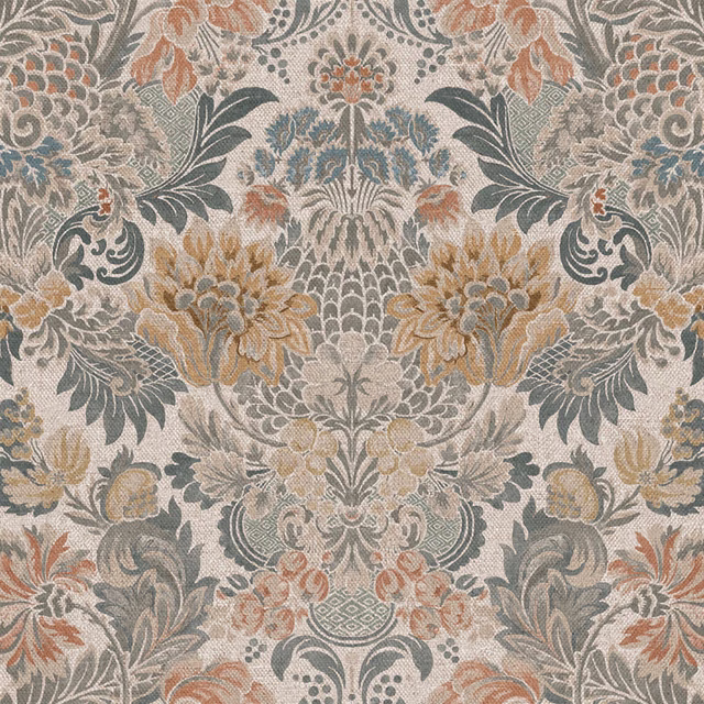 Slate, taupe and terracotta floral damask with a softly textured woven surface