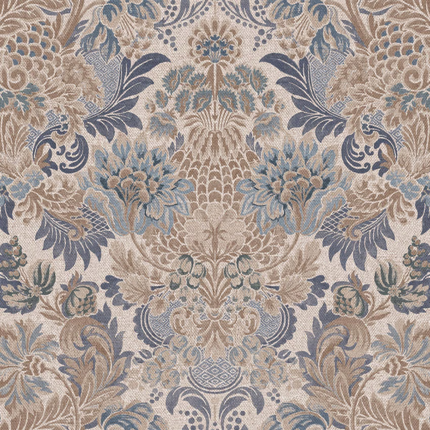 Blue-grey and taupe floral damask with ornate woven scrolling foliage and medallions