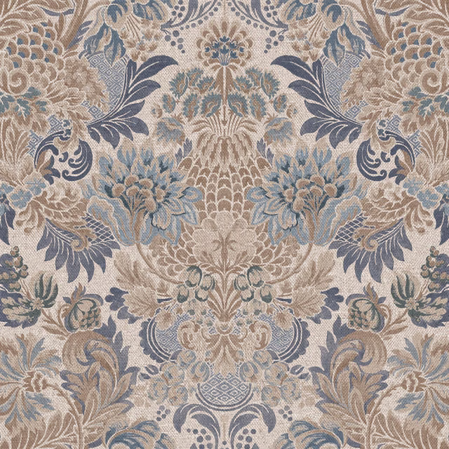 Blue-grey and taupe floral damask with ornate woven scrolling foliage and medallions