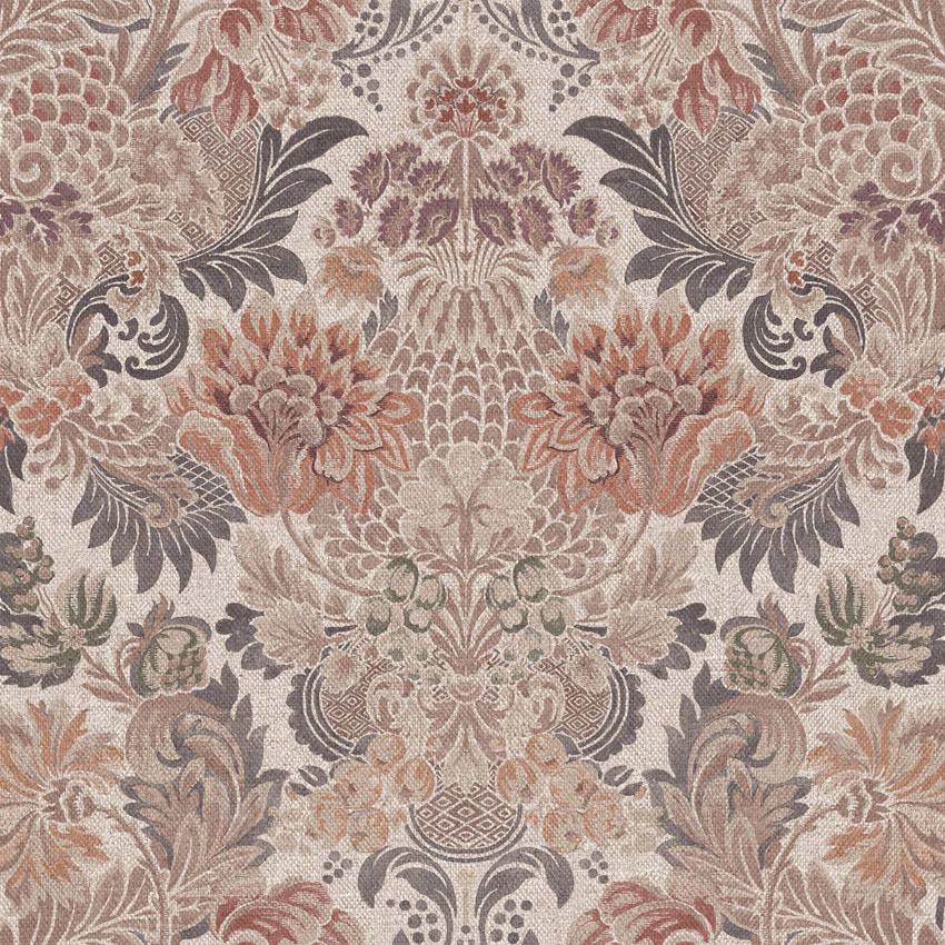 Taupe floral damask with terracotta blooms, charcoal leaves and sage accents