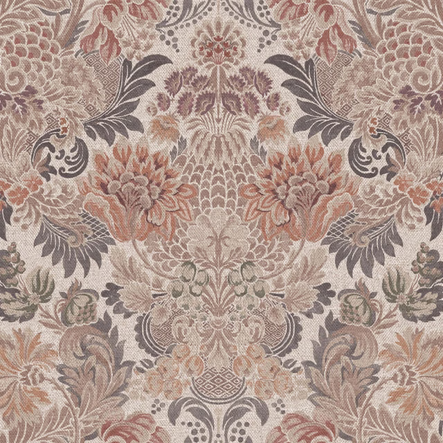 Taupe floral damask with terracotta blooms, charcoal leaves and sage accents