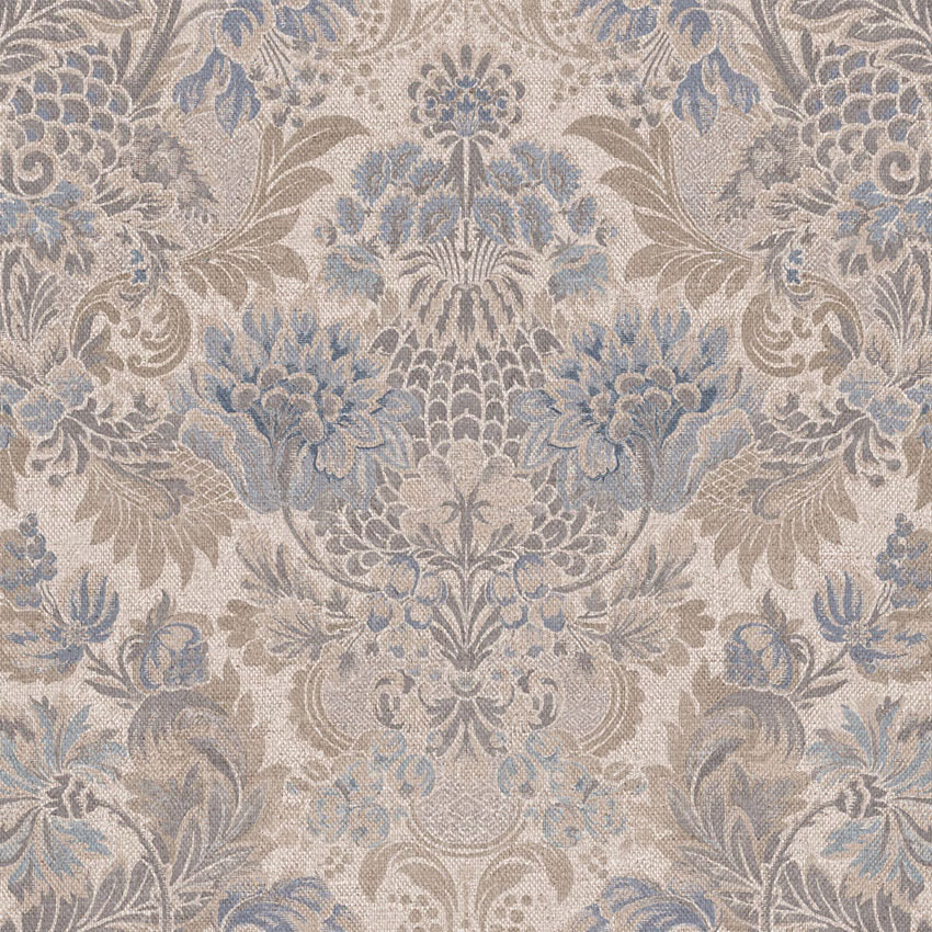 Dusty blue, taupe and cream damask with scrolling florals and woven texture
