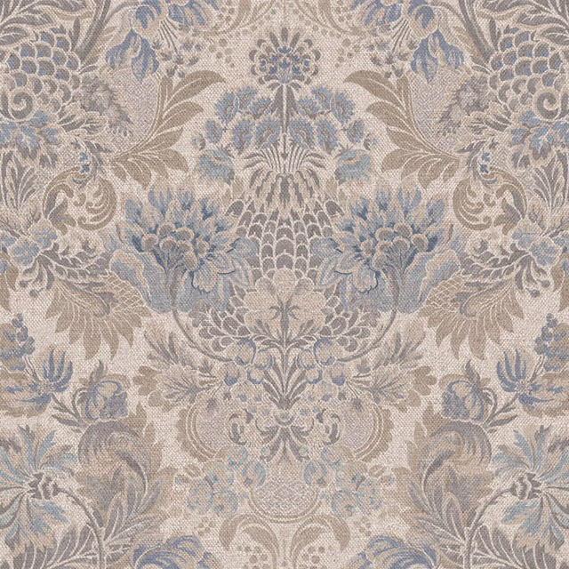 Dusty blue, taupe and cream damask with scrolling florals and woven texture