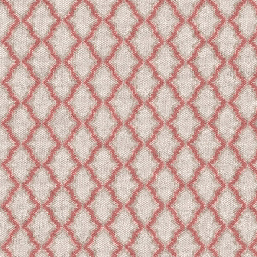 Cream woven fabric with a muted coral interlocking trellis pattern and tactile texture