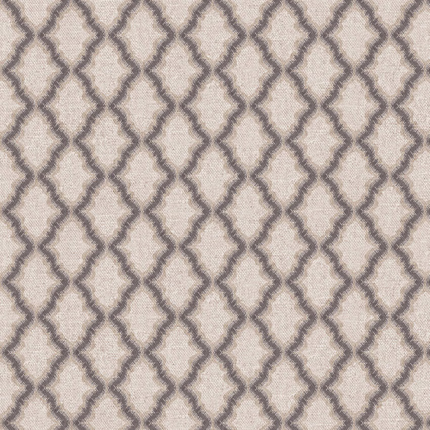 Ivory taupe woven fabric with smoky grey linked diamond trellis pattern