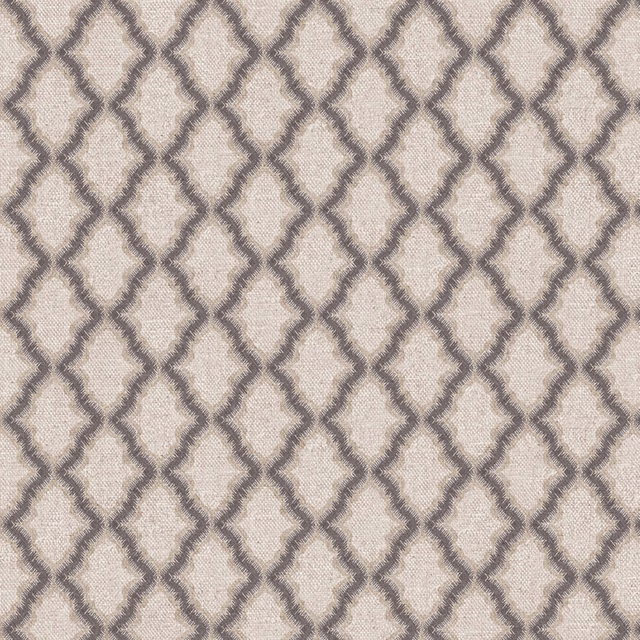 Ivory taupe woven fabric with smoky grey linked diamond trellis pattern