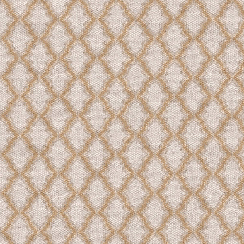Ivory woven fabric with a warm beige interlocking trellis pattern and soft texture