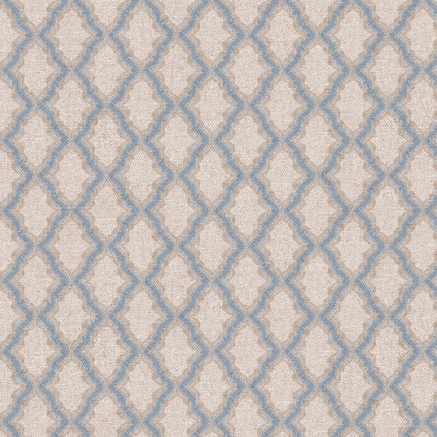 Dusty blue trellis lattice woven across a warm ivory, softly textured fabric ground