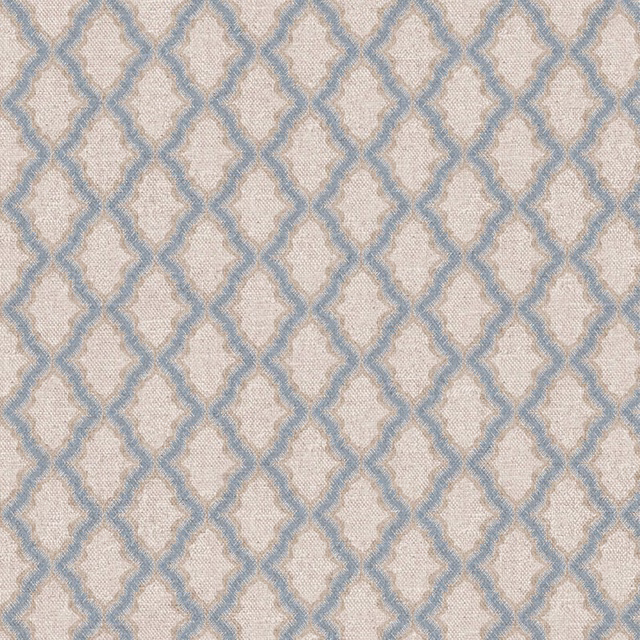 Dusty blue trellis lattice woven across a warm ivory, softly textured fabric ground