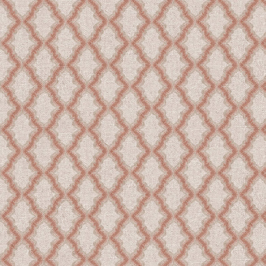 Warm ivory woven fabric with dusty terracotta linked trellis pattern and tactile texture