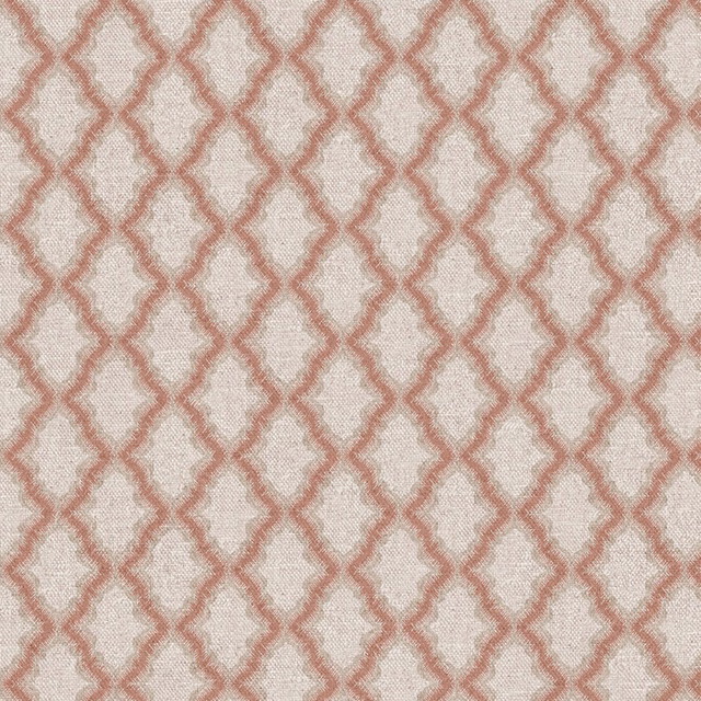 Warm ivory woven fabric with dusty terracotta linked trellis pattern and tactile texture