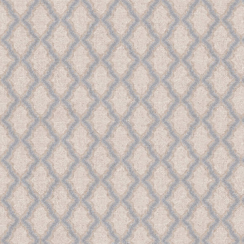 Pale oatmeal woven fabric with dusty blue-grey interlocking trellis lines