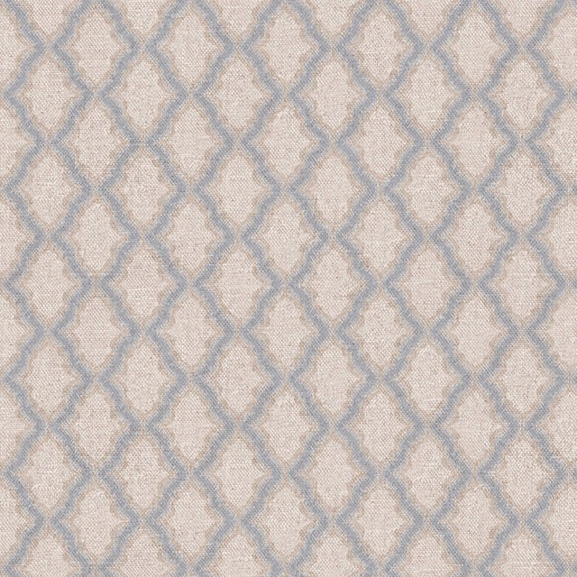 Pale oatmeal woven fabric with dusty blue-grey interlocking trellis lines