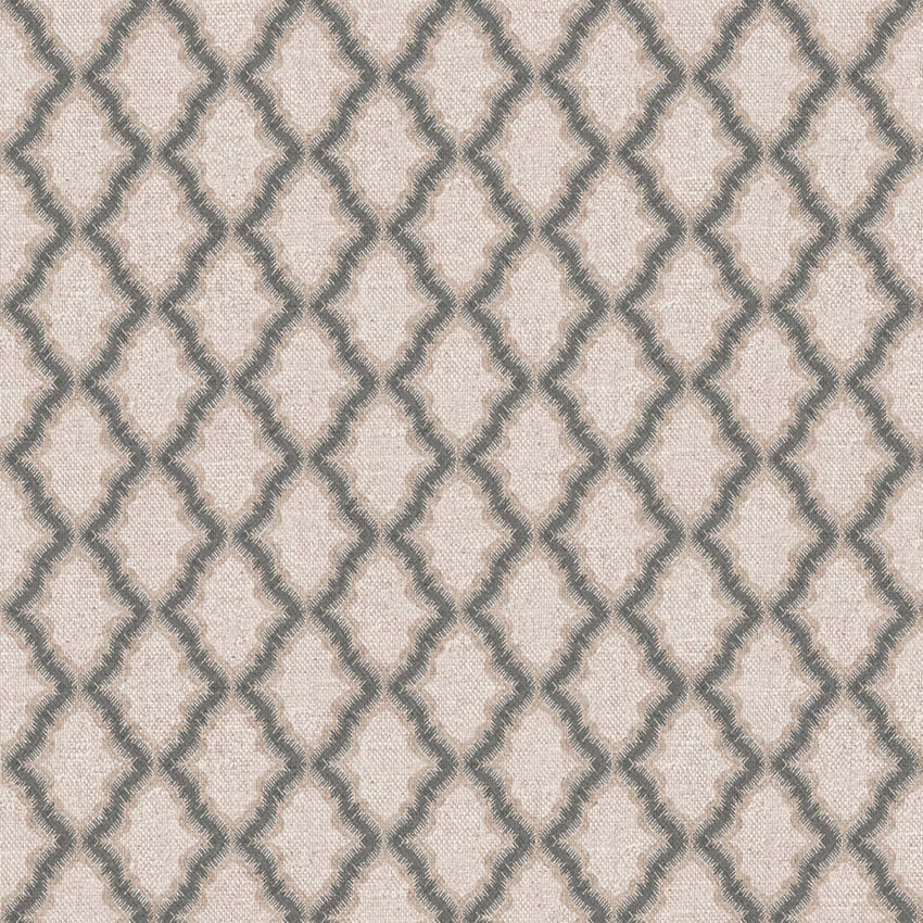 Warm ivory woven ground with softly mottled taupe-grey trellis diamonds