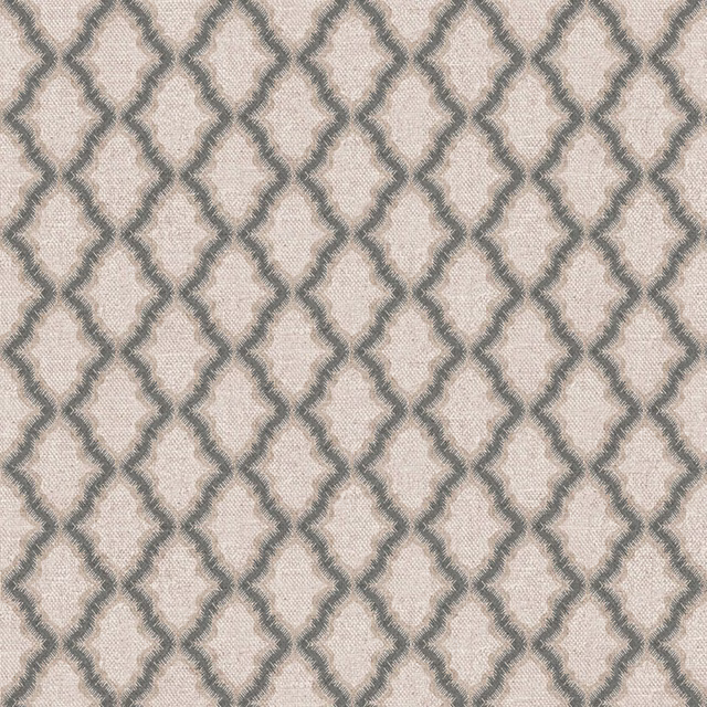 Warm ivory woven ground with softly mottled taupe-grey trellis diamonds