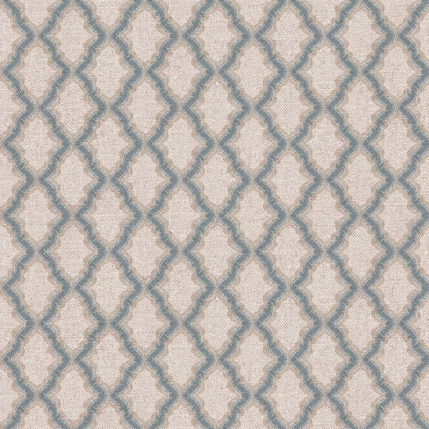 Warm beige woven ground with muted blue-grey linked trellis lines and tactile grain