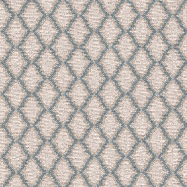 Warm beige woven ground with muted blue-grey linked trellis lines and tactile grain