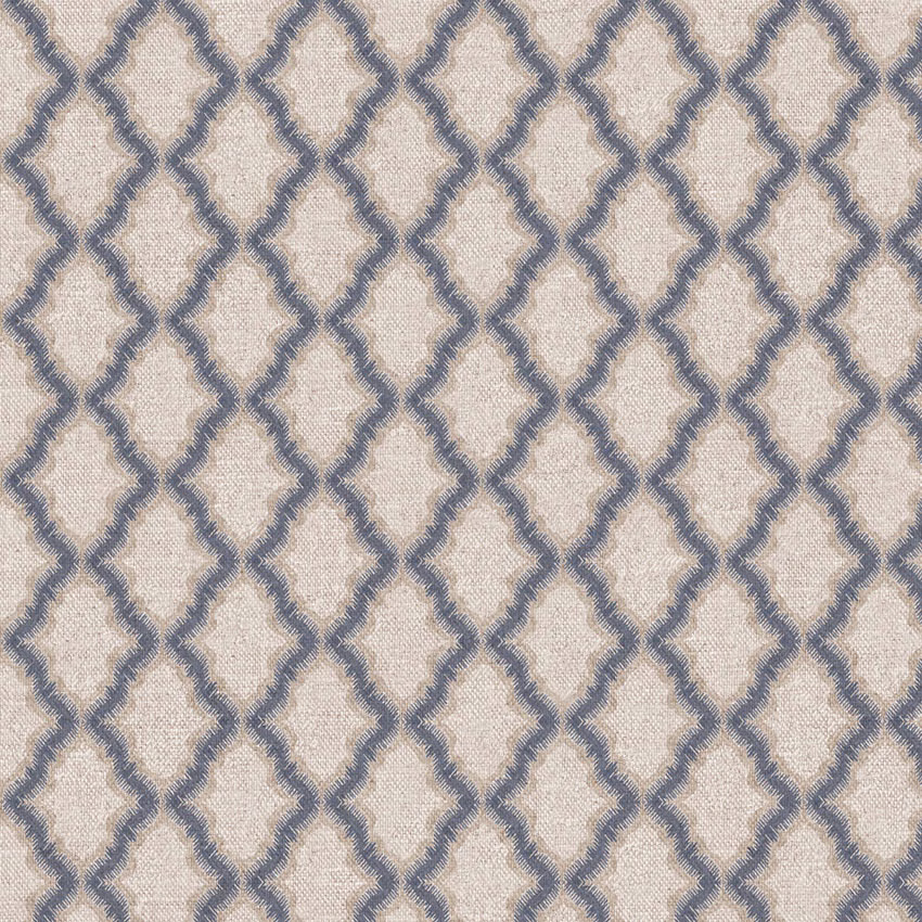 Warm beige woven fabric with a smoky blue-grey rounded diamond trellis pattern