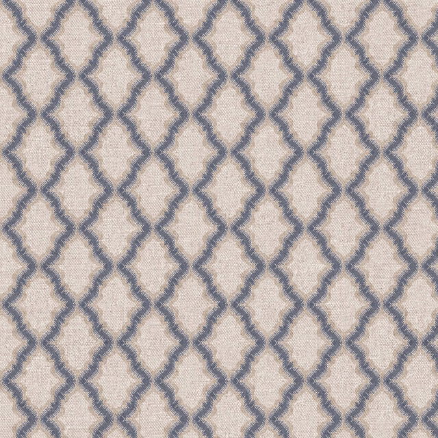 Warm beige woven fabric with a smoky blue-grey rounded diamond trellis pattern
