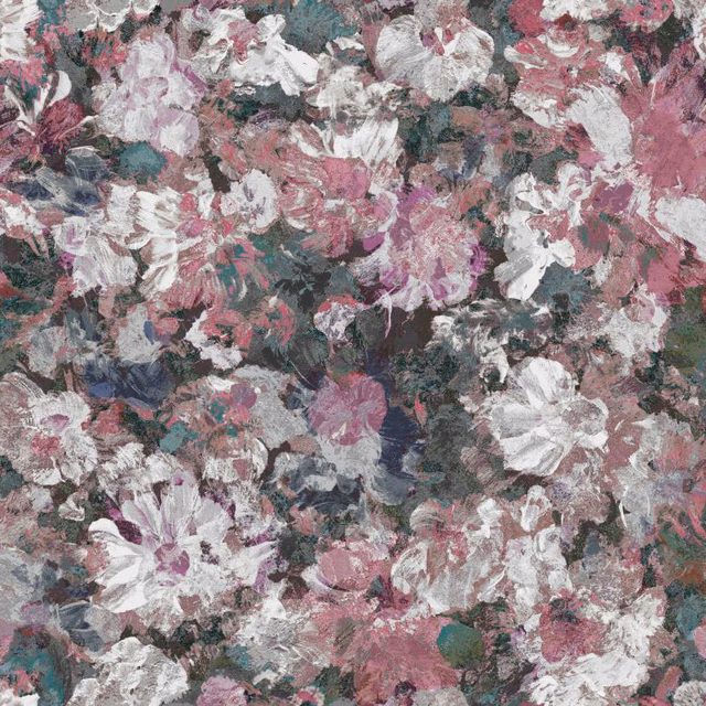 Dense painterly floral in dusty rose, blush, chalk white, sage and charcoal